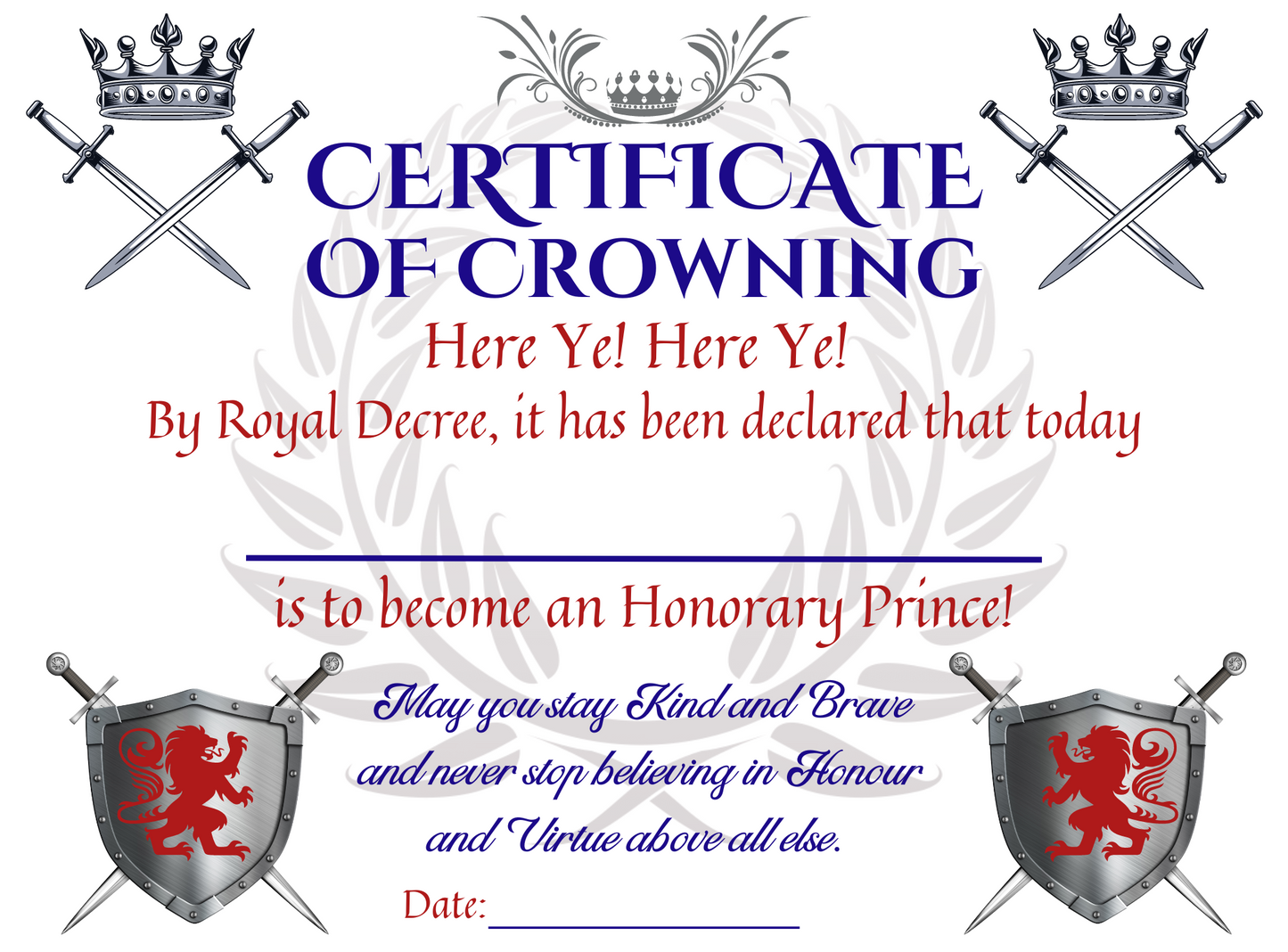 Prince Certificate, Knight Certificate, Prince Party Favor, Prince Crowning Ceremony, Prince Birthday, (Personalize through Corjl)