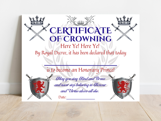 Prince Certificate, Knight Certificate, Prince Coronation, Knight Coronation, Prince Party Favors, Knight Party Favors, Boys Party Favors